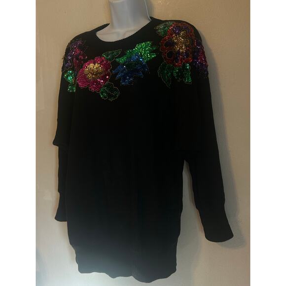 Vintage B.I.B S.M.L Sport Black Sweater Embroidered-Beaded Floral Design - Picture 2 of 14